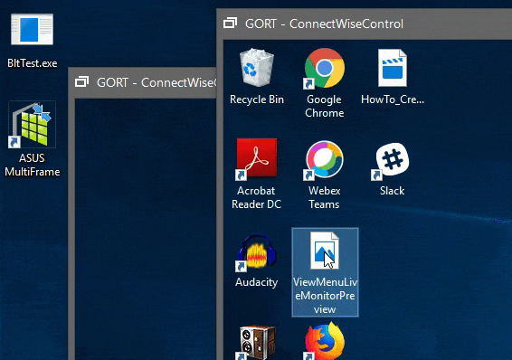 Animation demonstrating dragging a file between two separated ScreenConnect monitor windows.