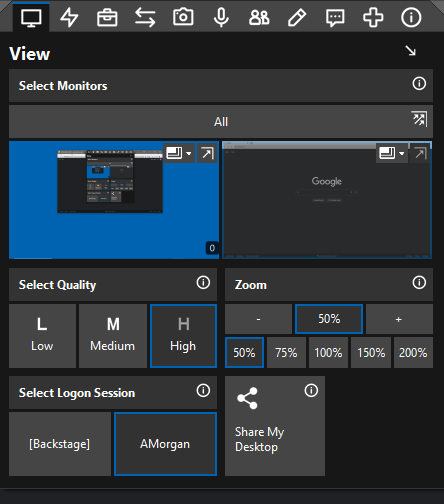 The ScreenConnect View menu open, showing the Select Monitors section with an 'All' button and a thumbnail for each of the guest computer's monitors, plus Select Quality, Zoom, Select Logon Session, and Share My Desktop panels.