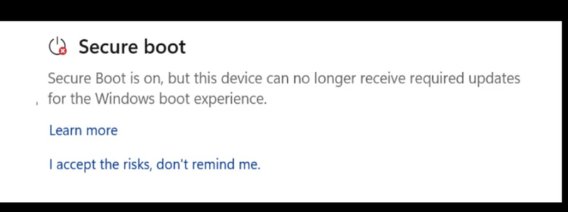 Windows Security showing Secure Boot with a red stop badge indicating the device can no longer receive required updates for the Windows boot experience.