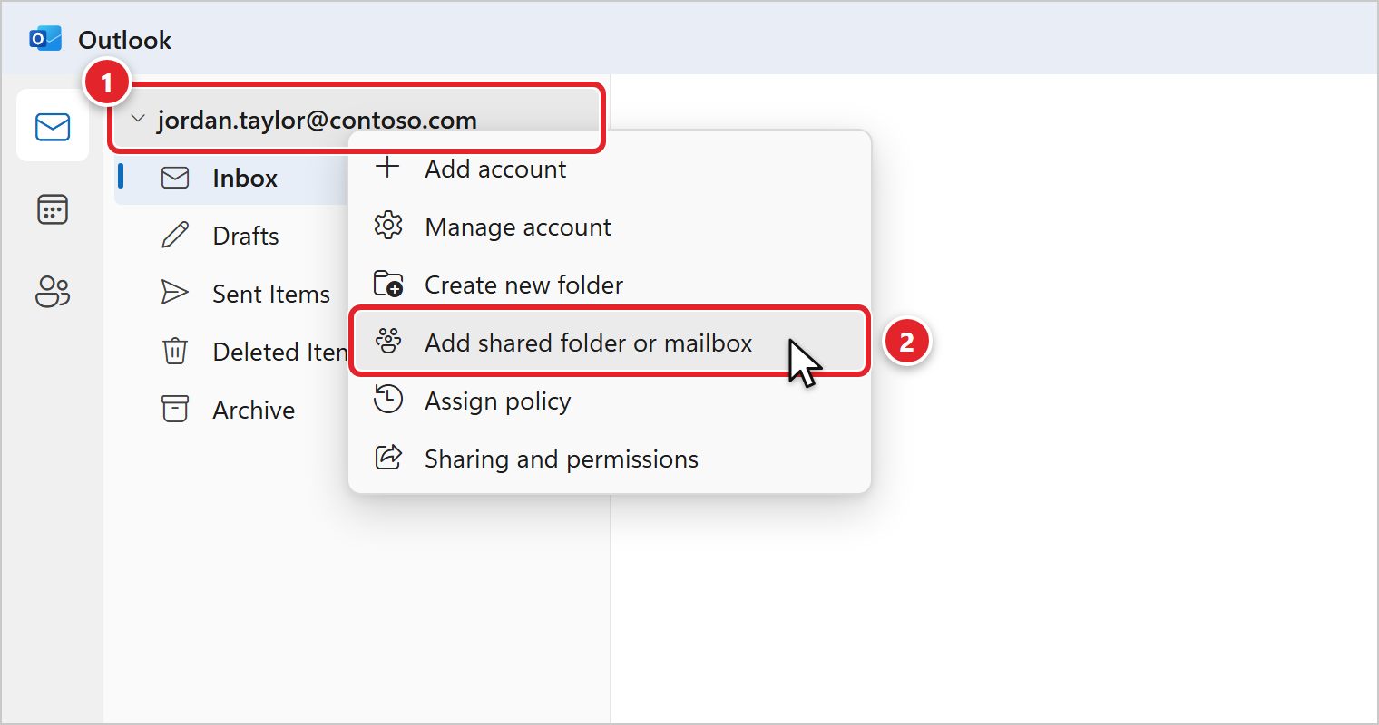 New Outlook. The account jordan.taylor@contoso.com at the top of the folder list is marked 1. Its right-click menu lists Add account, Manage account, Create new folder, Add shared folder or mailbox, Assign policy, and Sharing and permissions; Add shared folder or mailbox is marked 2.