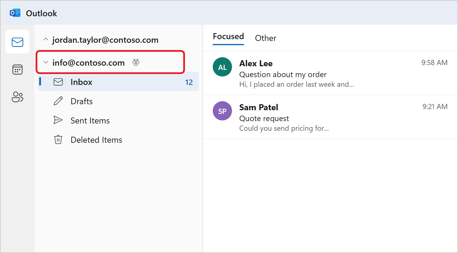 New Outlook folder list showing jordan.taylor@contoso.com collapsed, and below it info@contoso.com, highlighted, with a people icon. Its Inbox is open with 12 unread messages from customers.