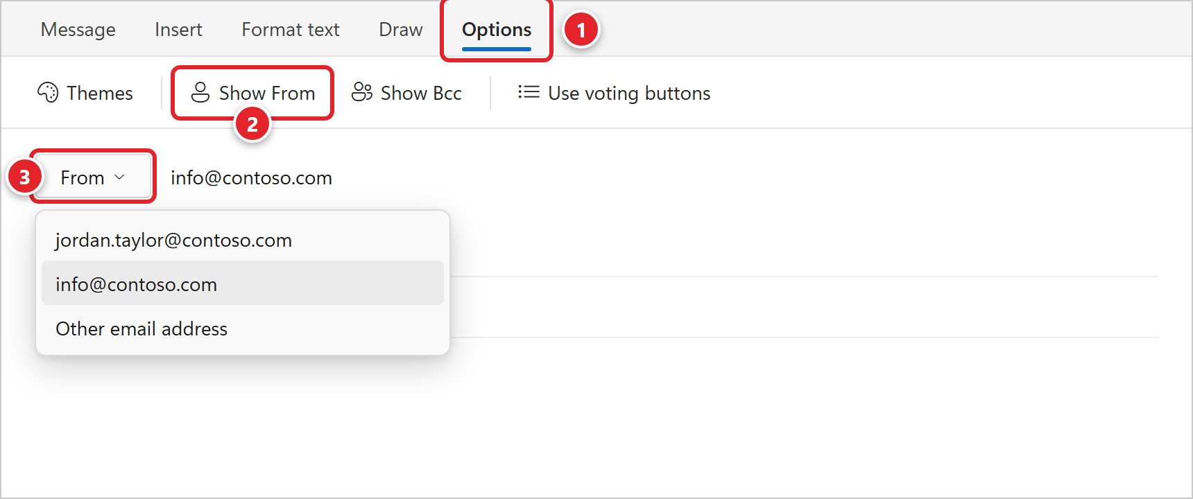 A new message in new Outlook. The Options tab is marked 1 and Show From is marked 2. Above the To line, the From button is marked 3; its list shows jordan.taylor@contoso.com, info@contoso.com (highlighted) and Other email address.
