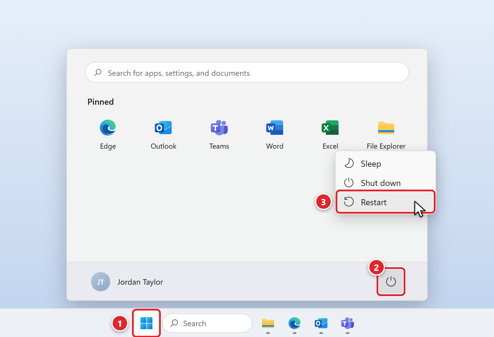 The Windows 11 Start menu. The Start button on the taskbar is marked 1, the Power button at the bottom right of the Start menu is marked 2, and Restart in the menu that opens (below Sleep and Shut down) is marked 3.