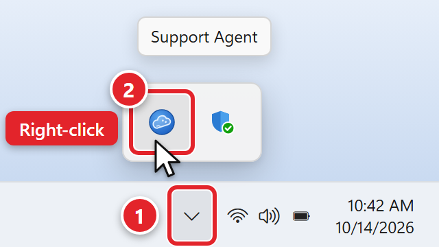 The bottom right corner of a Windows 11 taskbar. The Show hidden icons arrow next to the clock is marked 1; it points down while the hidden icons are showing. In the small box of hidden icons above it, the round blue Support Agent icon is marked 2, with a note that says Right-click. The mouse pointer points at the icon and a label above it says Support Agent.