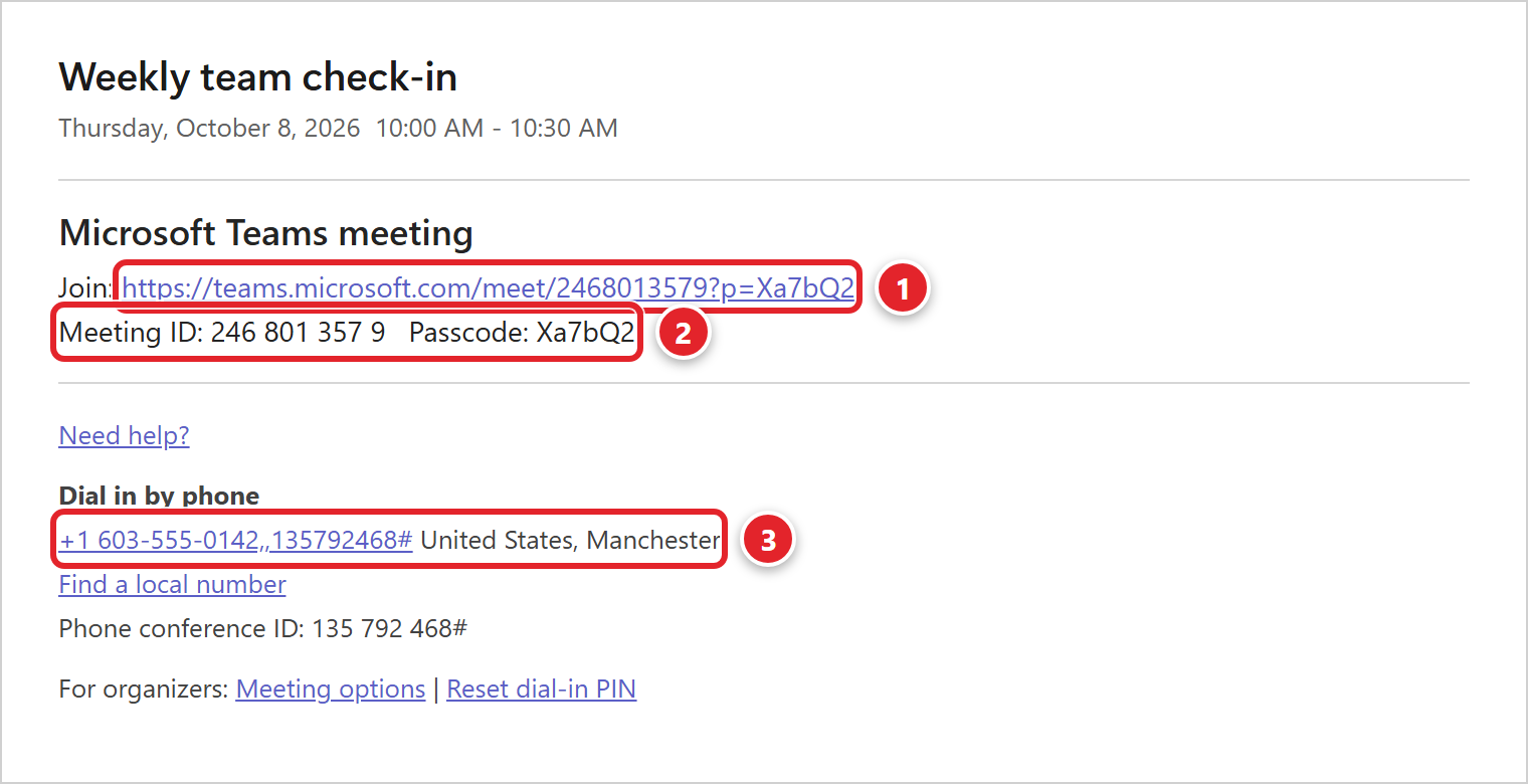A Teams meeting invite for Weekly team check-in. Under Microsoft Teams meeting, the Join link is marked 1. The Meeting ID and Passcode line is marked 2. Under Dial in by phone, the phone number is marked 3, followed by Find a local number, the Phone conference ID, and For organizers: Meeting options and Reset dial-in PIN.
