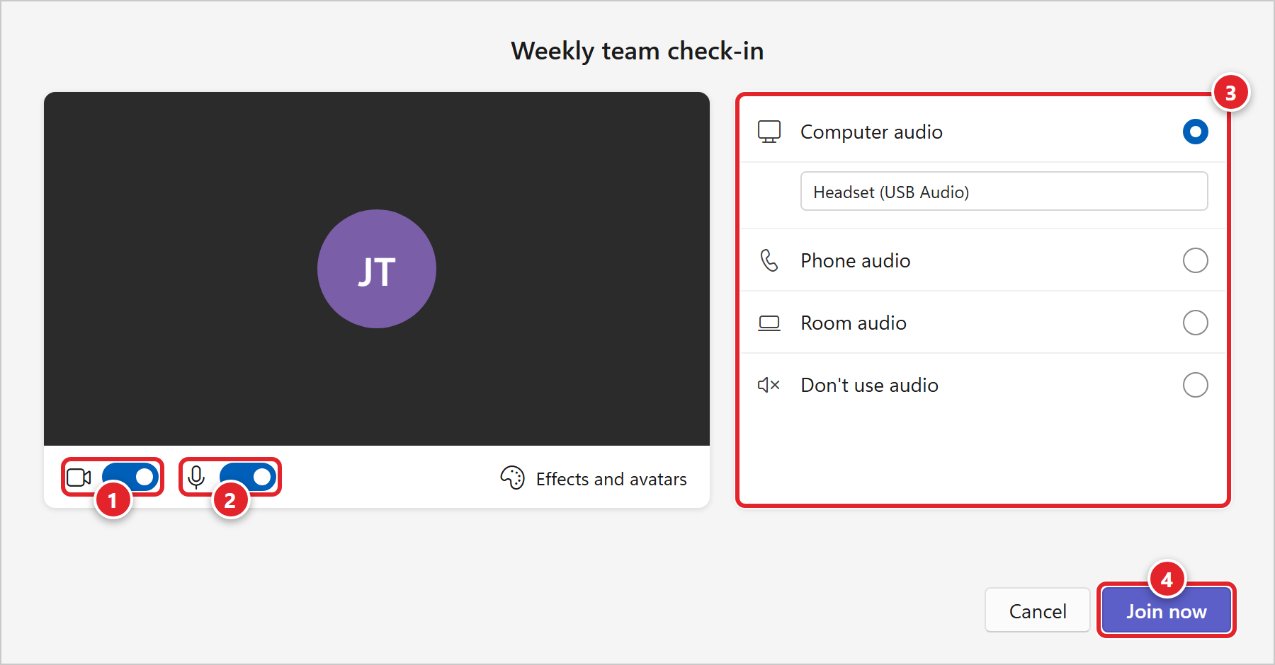 The Teams pre-join screen for Weekly team check-in. Under the video preview, the camera switch is marked 1 and the microphone switch is marked 2, next to Effects and avatars. On the right, the audio options Computer audio (selected, with Headset as the device), Phone audio, Room audio and Don't use audio are marked 3. The Join now button at the bottom right is marked 4.
