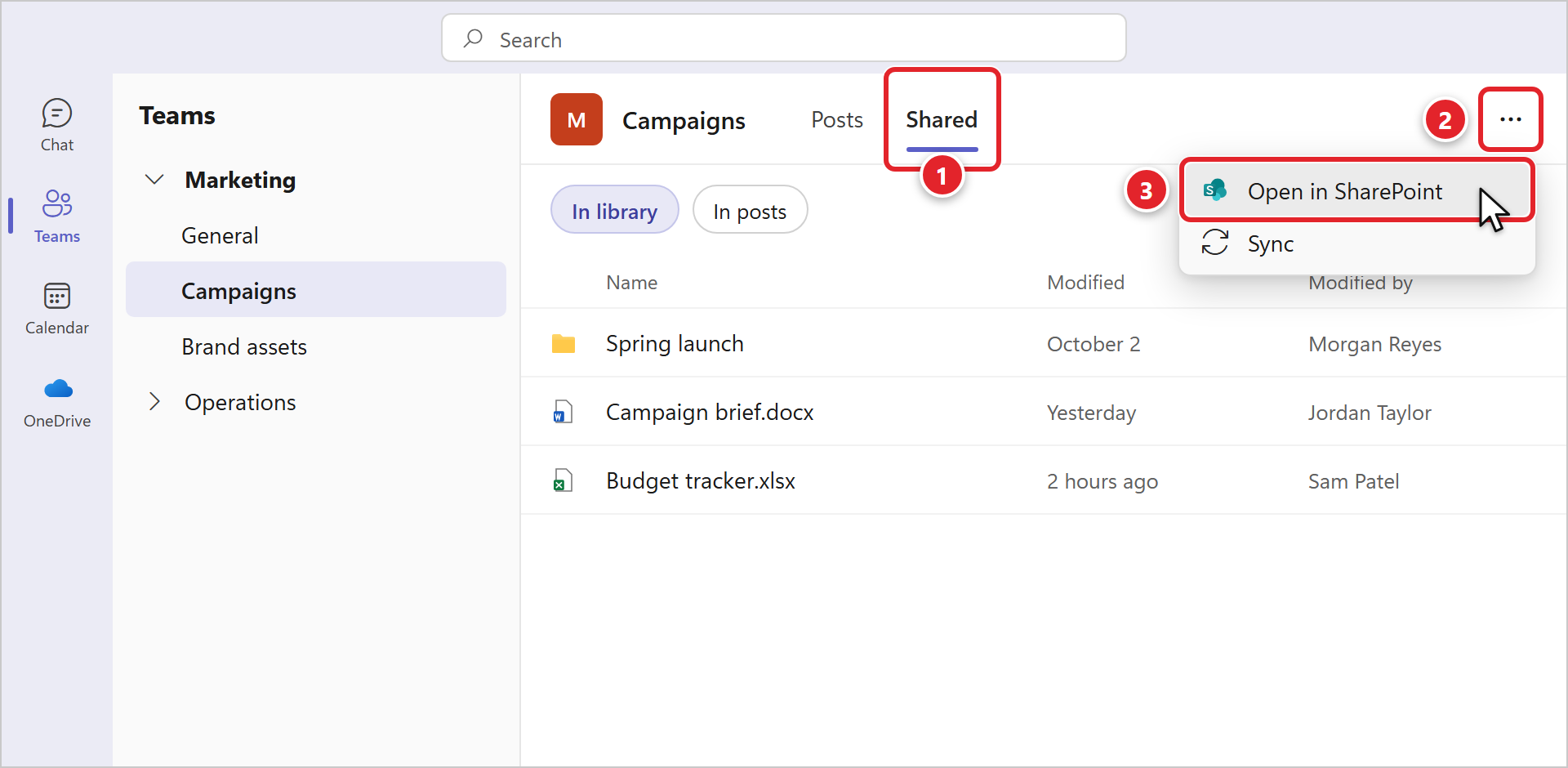Microsoft Teams with the Marketing team's Campaigns channel open. The Shared tab, next to Posts, is marked 1. The In library view lists a folder and two files. The More (three dots) button at the top right is marked 2, and its menu shows Open in SharePoint, marked 3, and Sync.