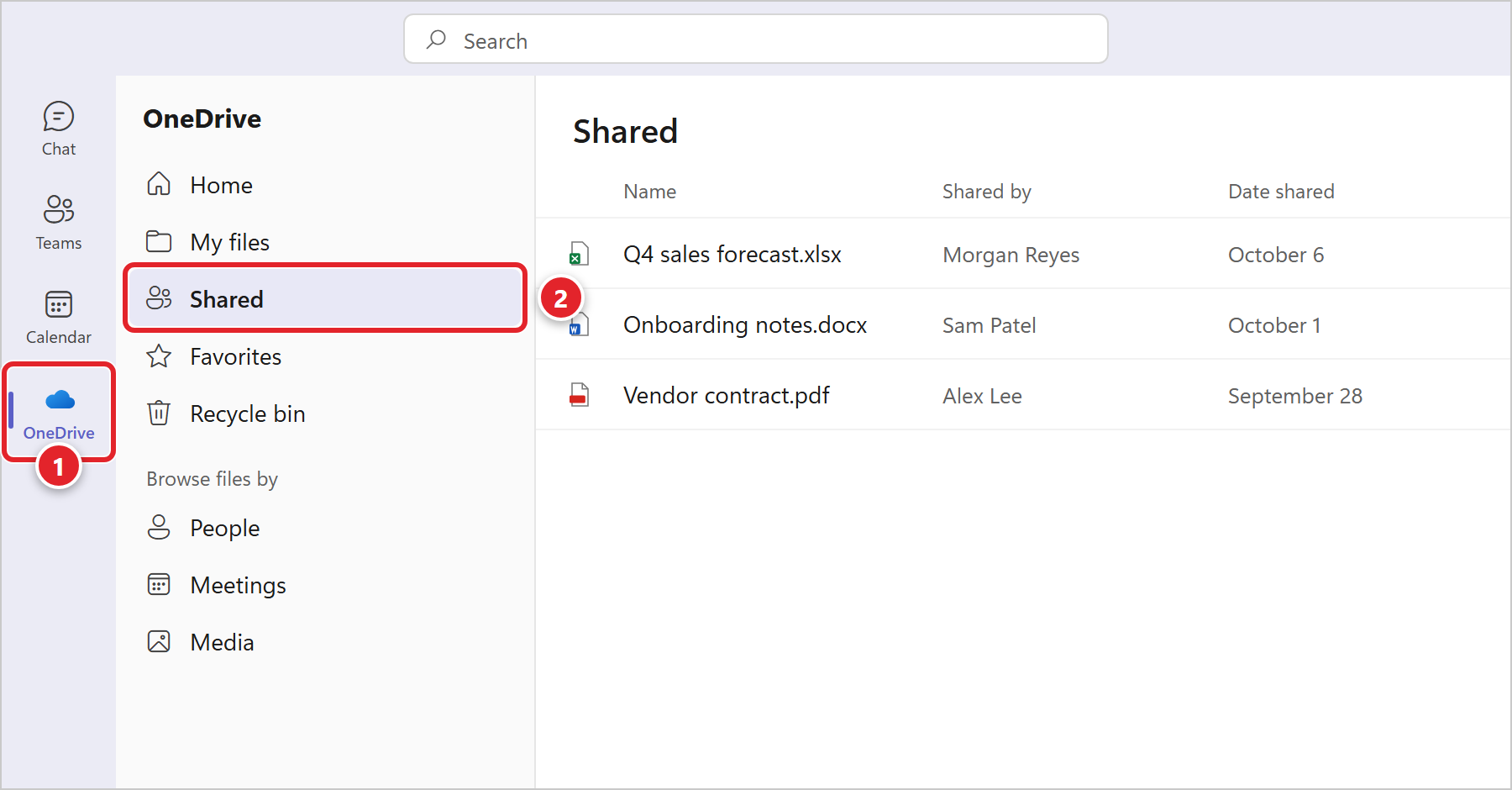 The OneDrive app inside Microsoft Teams, opened from the left rail (marked 1). Its menu lists Home, My files, Shared (marked 2), Favorites and Recycle bin, and Browse files by People, Meetings and Media. The Shared list shows three files with who shared them and when.