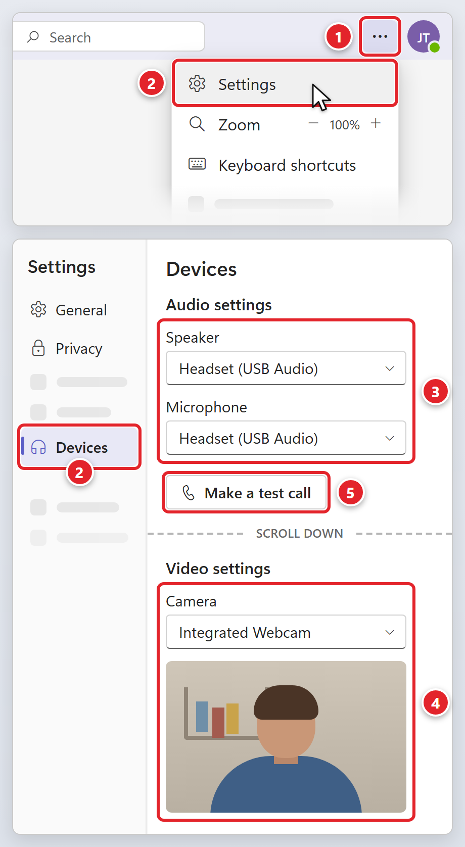 Microsoft Teams settings, in two parts. Top: the Settings and more button (three dots) next to the profile picture at the top right of Teams is marked 1, and Settings in the menu that opens is marked 2. Bottom: the Teams Settings page with Devices selected on the left, also marked 2. Under Audio settings, the Speaker and Microphone drop-downs both read Headset (USB Audio) and are marked 3. The Make a test call button below them is marked 5. Further down, under Video settings, the Camera drop-down reads Integrated Webcam, and it and the live camera preview under it are marked 4.