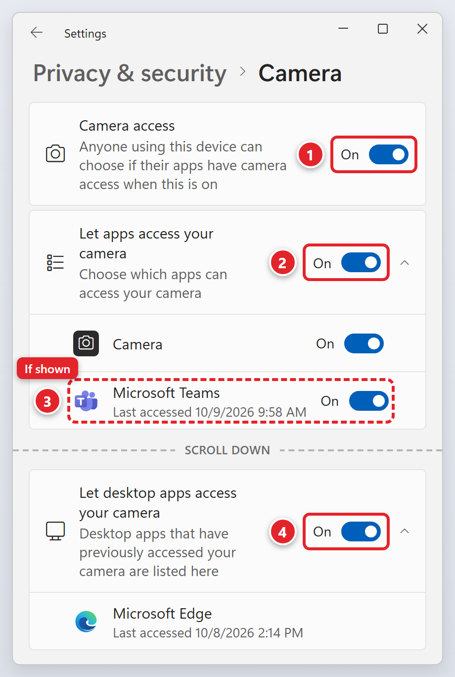 Windows Settings, Privacy and security, Camera. The On switch for Camera access is marked 1. The On switch for Let apps access your camera is marked 2. In the list of apps beneath it, the Microsoft Teams entry has a dashed box marked 3 and the note If shown. Further down the page, the On switch for Let desktop apps access your camera is marked 4, with Microsoft Edge listed under it.