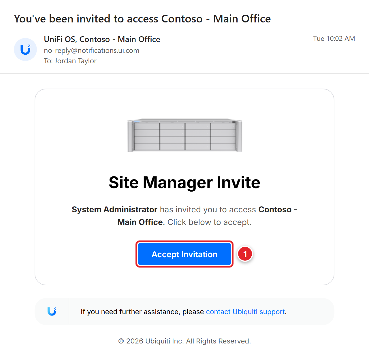 An email with the subject You've been invited to access Contoso - Main Office, from UniFi OS, Contoso - Main Office, no-reply@notifications.ui.com. The email says Site Manager Invite: System Administrator has invited you to access Contoso - Main Office. Click below to accept. The blue Accept Invitation button is marked 1.