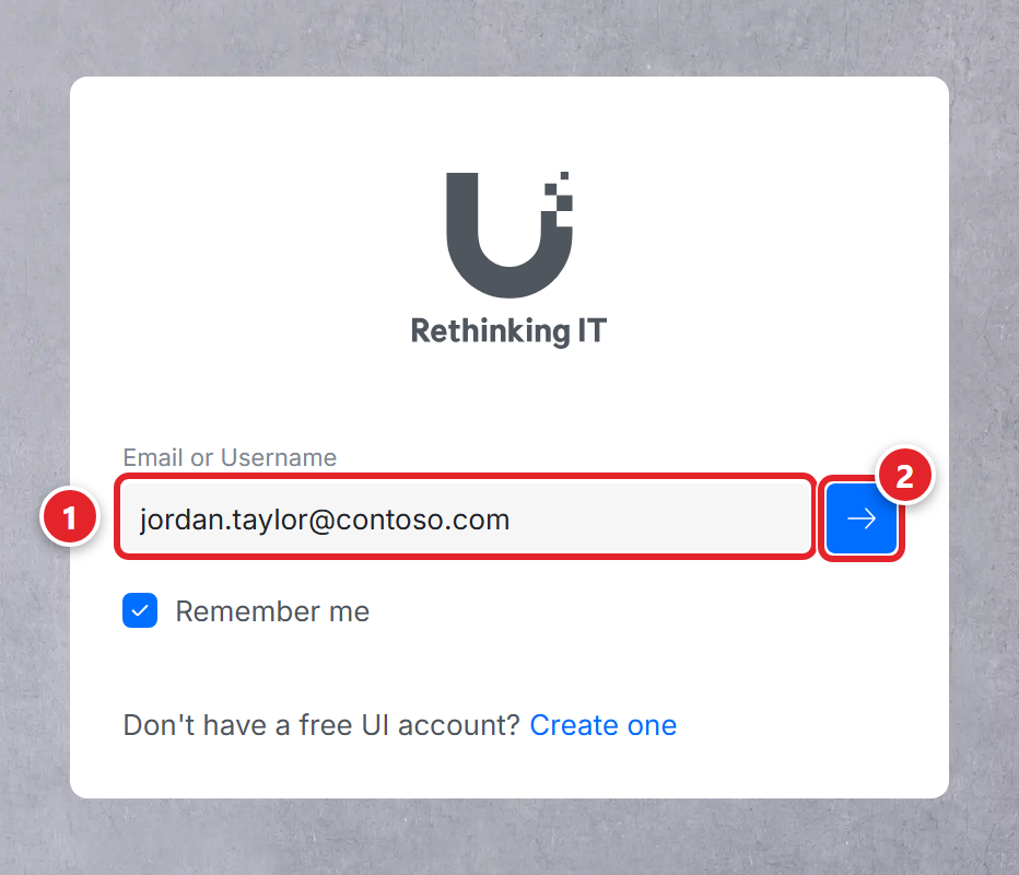 Ubiquiti's sign-in page. The Email or Username box, with jordan.taylor@contoso.com typed in, is marked 1. The blue arrow button next to it is marked 2. Below are Remember me and Don't have a free UI account? Create one.