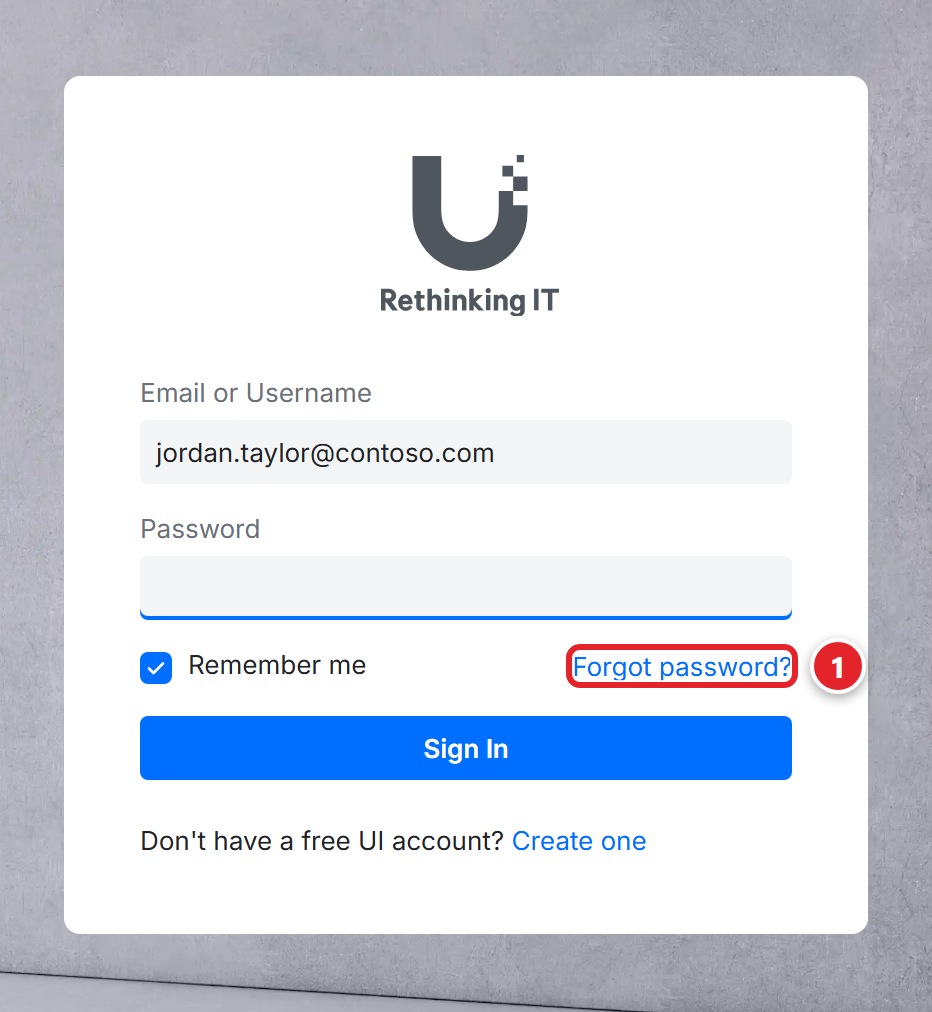 The sign-in page with the email address filled in and an empty Password box. The Forgot password? link, above the blue Sign In button, is marked 1.