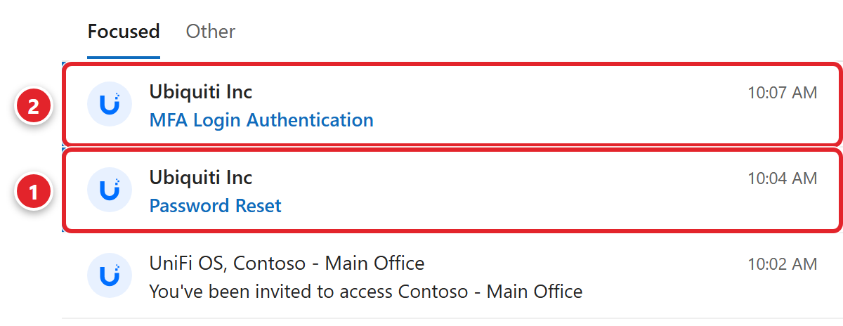 An inbox with three emails. From Ubiquiti Inc, subject MFA Login Authentication, marked 2. From Ubiquiti Inc, subject Password Reset, marked 1. From UniFi OS, Contoso - Main Office, subject You've been invited to access Contoso - Main Office.