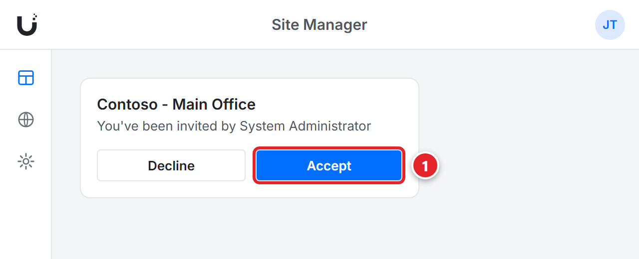 The UniFi Site Manager page. A box shows Contoso - Main Office and You've been invited by System Administrator, with Decline and Accept buttons. The blue Accept button is marked 1.
