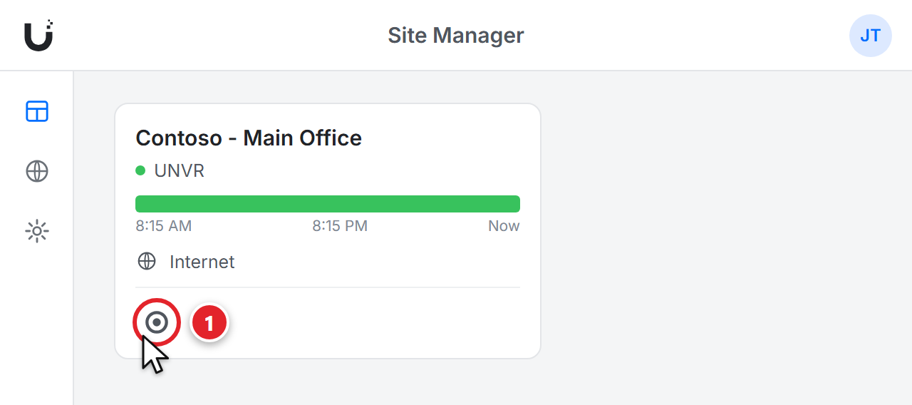 The UniFi Site Manager page with a card for Contoso - Main Office: a green status dot, a green bar from 8:15 AM to Now, and below it a round Protect icon, marked 1, with the mouse pointer on it.