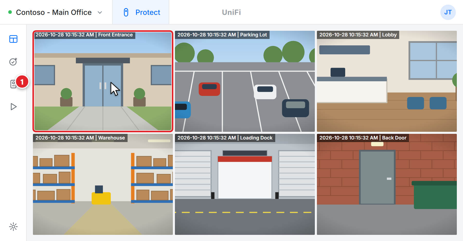 The UniFi Protect camera page in a web browser. The top bar shows Contoso - Main Office and Protect. Six camera pictures fill the page: Front Entrance, Parking Lot, Lobby, Warehouse, Loading Dock and Back Door, each with the date and time in the top-left corner. The Front Entrance camera is marked 1, with the mouse pointer on it.