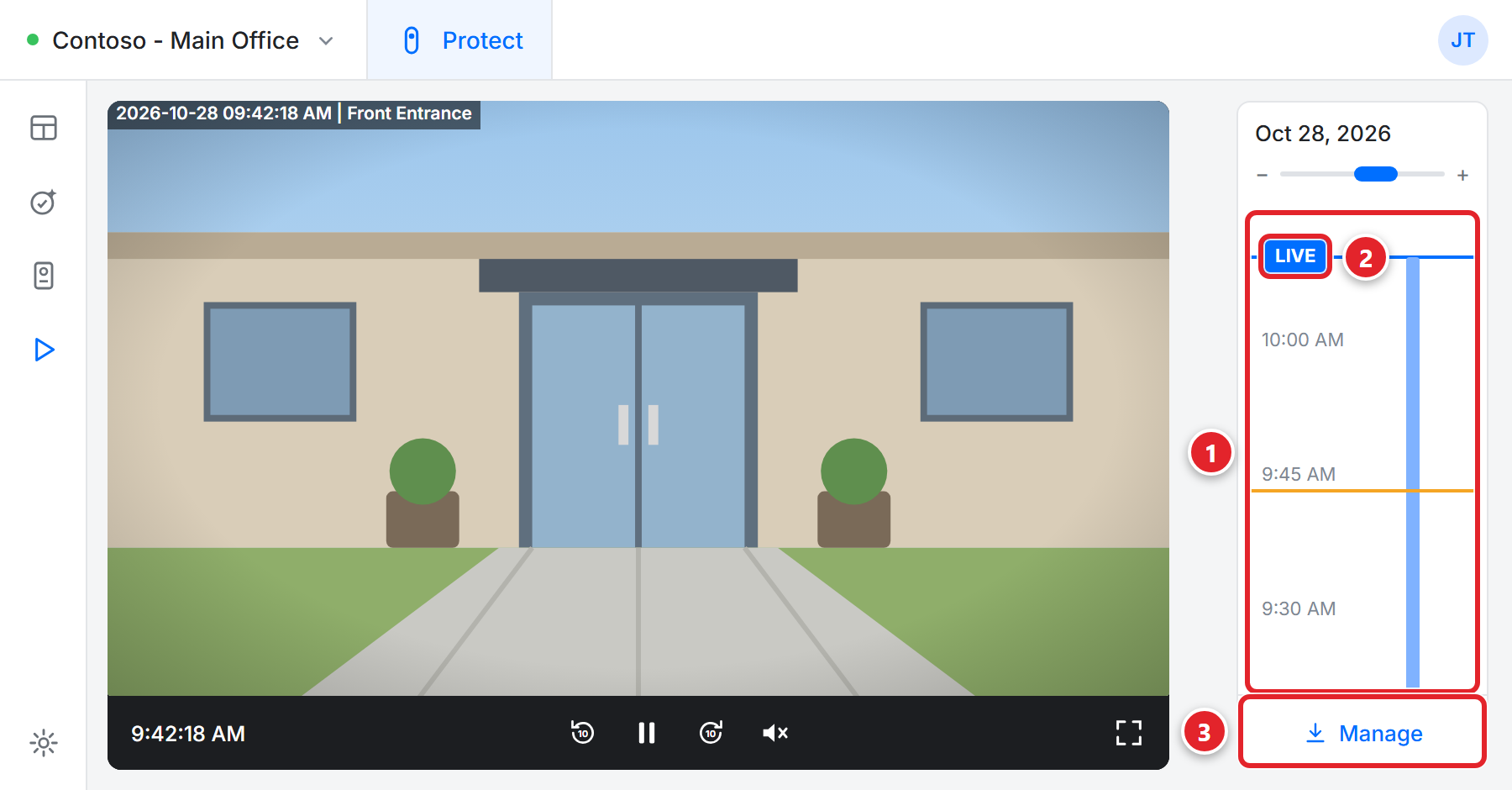 The playback page. The Front Entrance video plays on the left at 9:42 AM with pause, skip and full-screen buttons below it. On the right is a timeline for Oct 28, 2026 with times running down from 10:00 AM to 9:30 AM. The timeline is marked 1, the blue LIVE marker at its top is marked 2, and the Manage button with a download arrow at its bottom is marked 3.