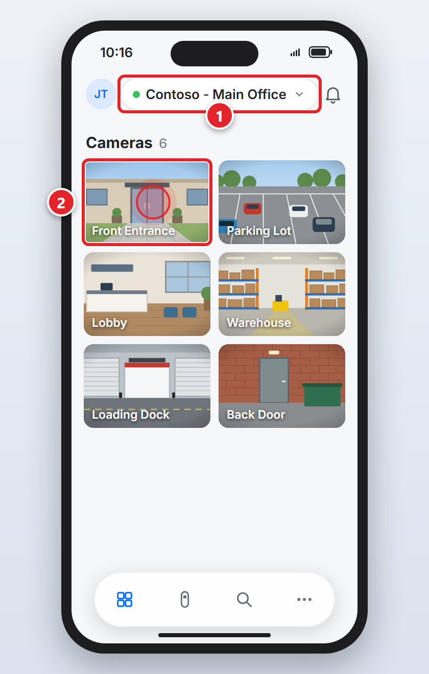 The UniFi Protect app on an iPhone. At the top is a button with a green dot and Contoso - Main Office, marked 1. Below, under Cameras 6, are six camera pictures in two columns: Front Entrance, Parking Lot, Lobby, Warehouse, Loading Dock and Back Door. The Front Entrance camera is marked 2.